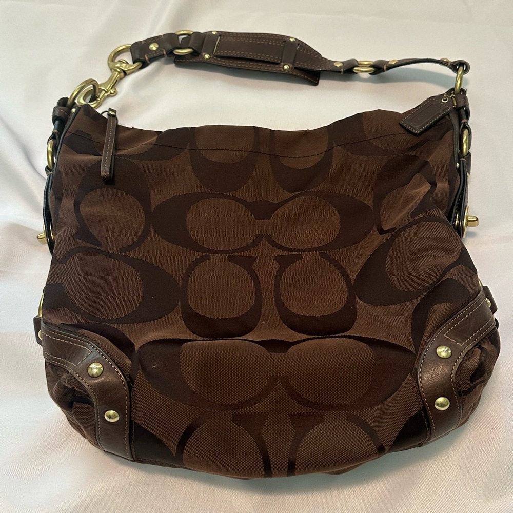 Coach Brown Shoulder Bag with Signature Monogram and Gold Accents
